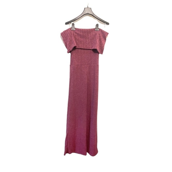 Lulu’s Off Shoulder Burgundy Ribbed Knit Wide Leg Jumpsuit - Picture 6 of 8